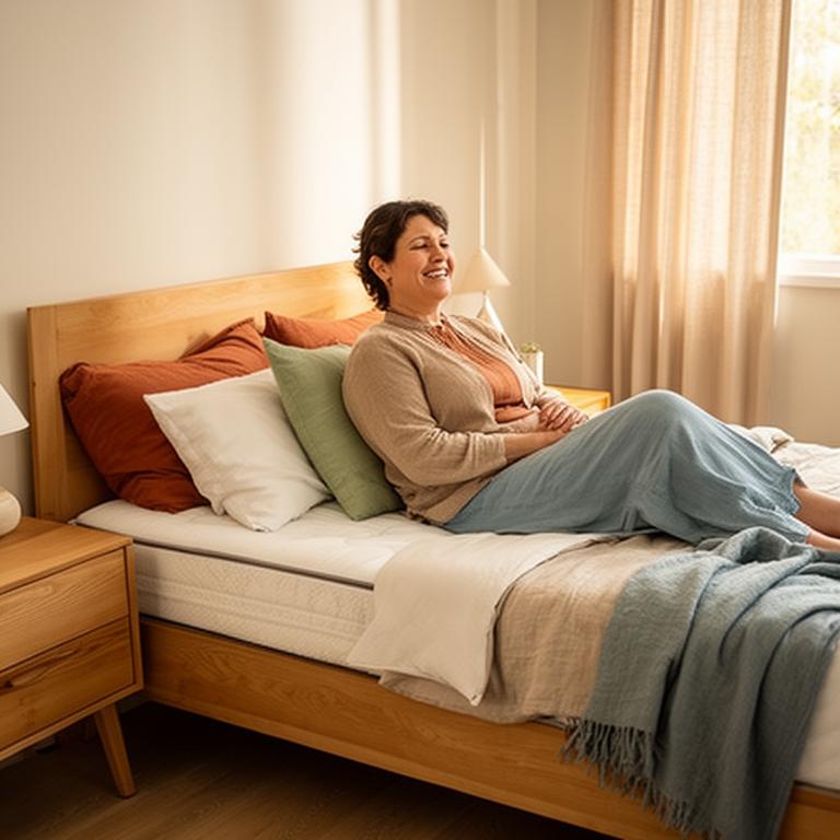 Satisfied customer sitting on a neatly made bed in a warm Leeds bedroom