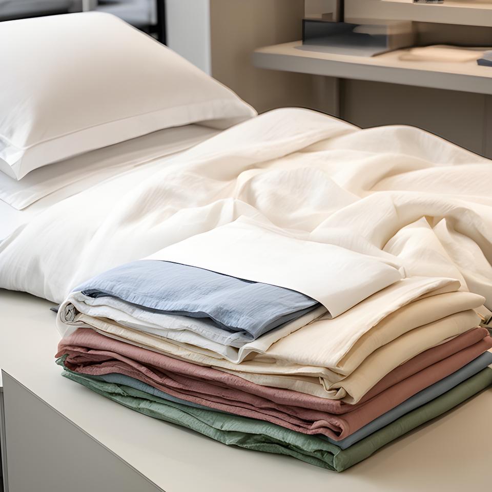 Folded cotton bedding and crisp linen sheets arranged on a showroom counter