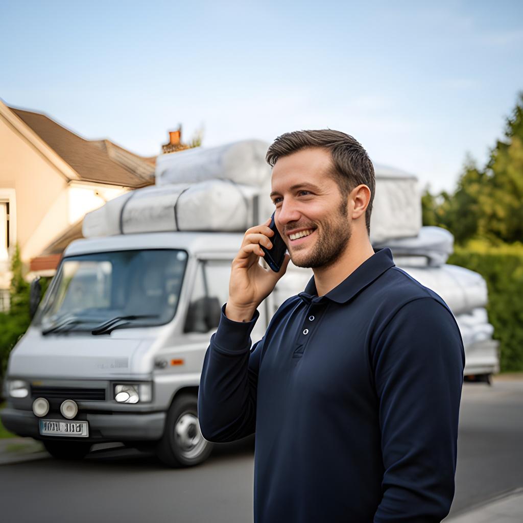 Delivery driver making a courtesy phone call beside a loaded bedding van