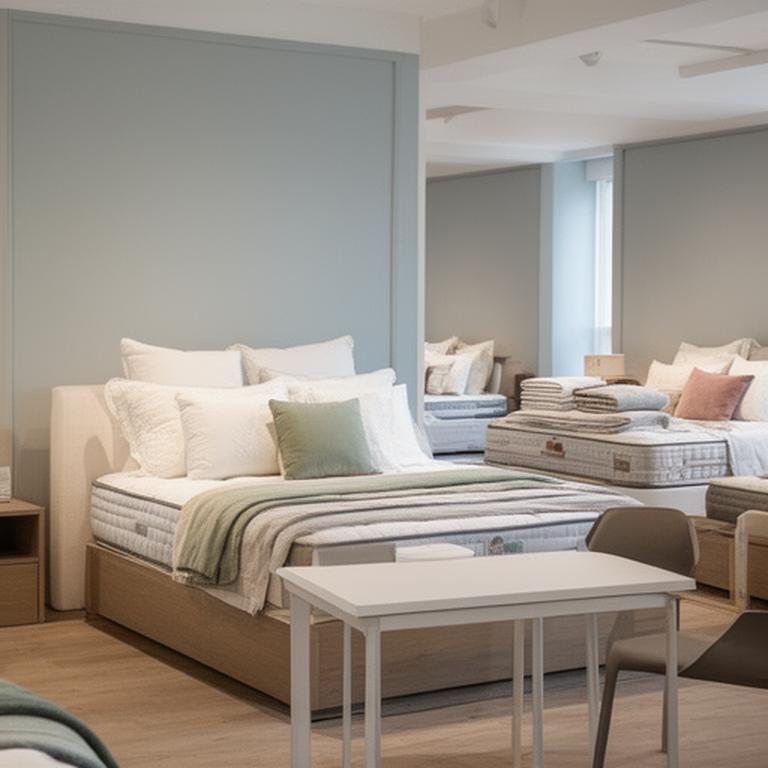 Quiet mattress showroom with layered pillows and a consultation table near the entrance