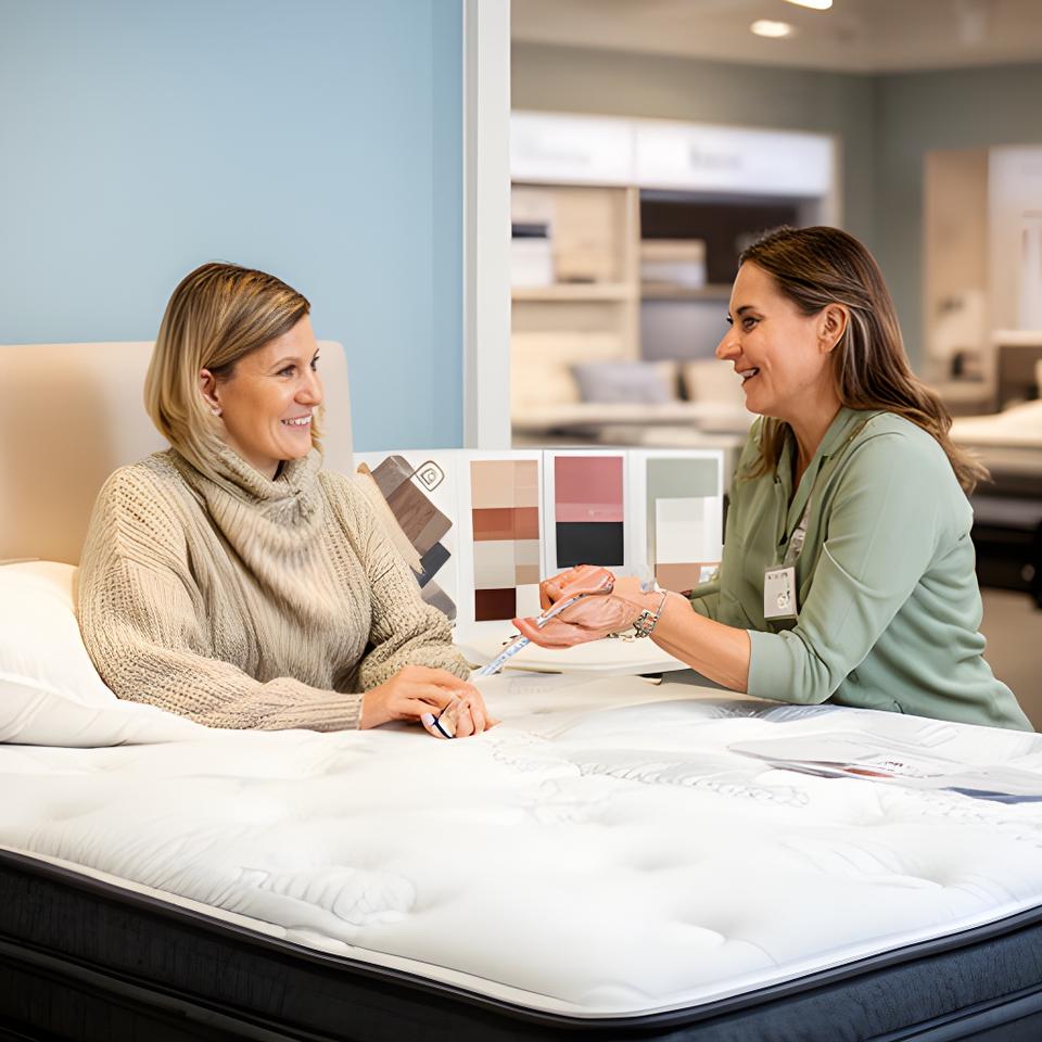 Customer discussing mattress comfort with a showroom adviser beside a neatly made bed