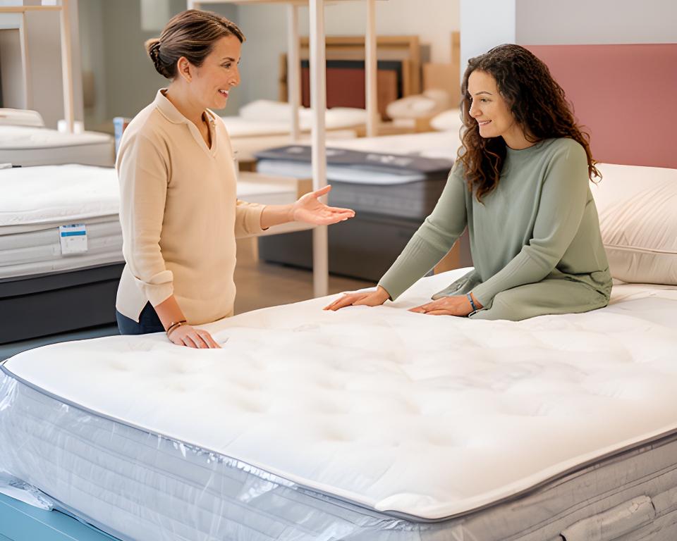 Customer discussing mattress firmness beside a bed display with a showroom adviser