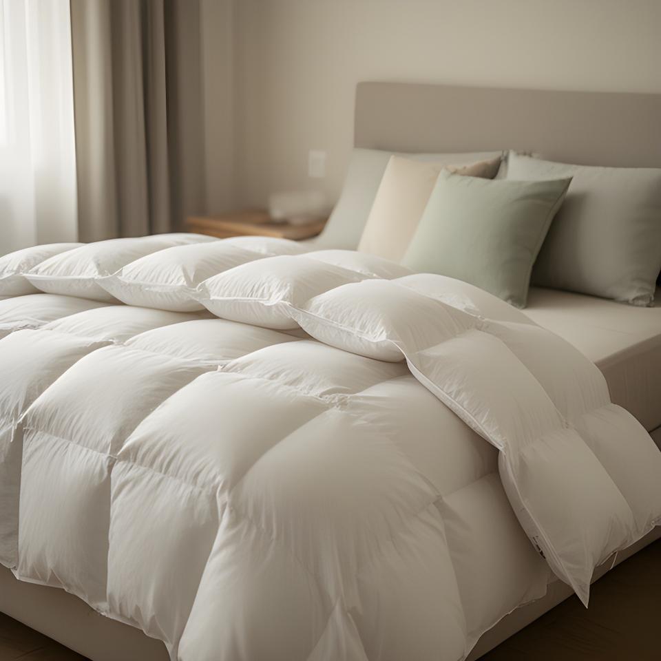 Plump Hungarian goose down duvet folded across a neatly made bed in a quiet bedroom