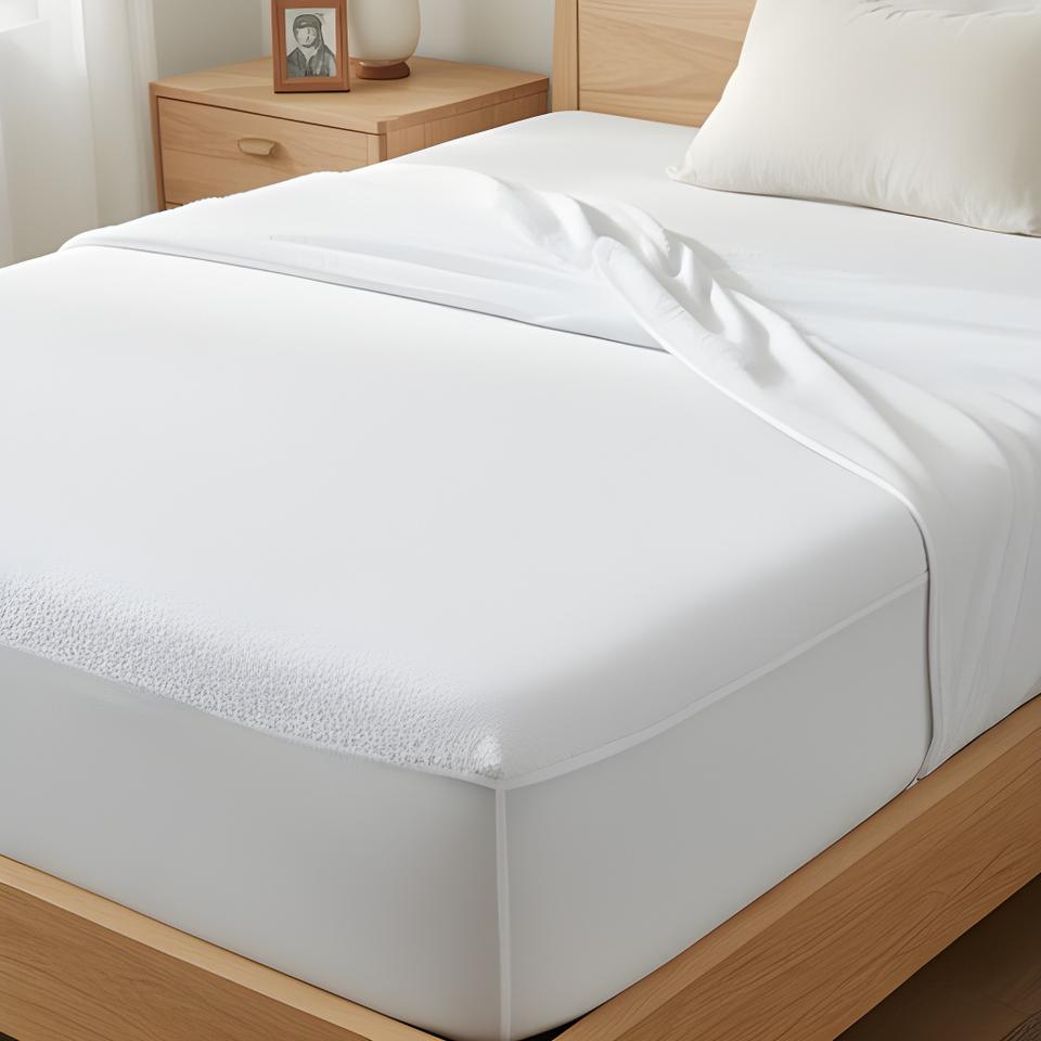 Waterproof terry-cotton mattress protector stretched over a white mattress in a home bedroom
