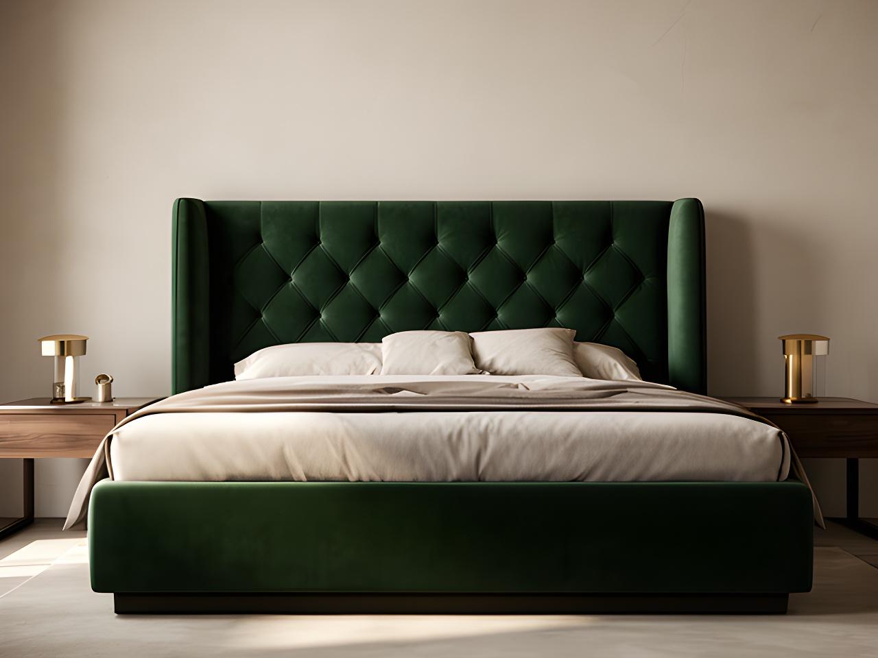 Deep green velvet upholstered bed with a buttoned headboard in a calm modern bedroom
