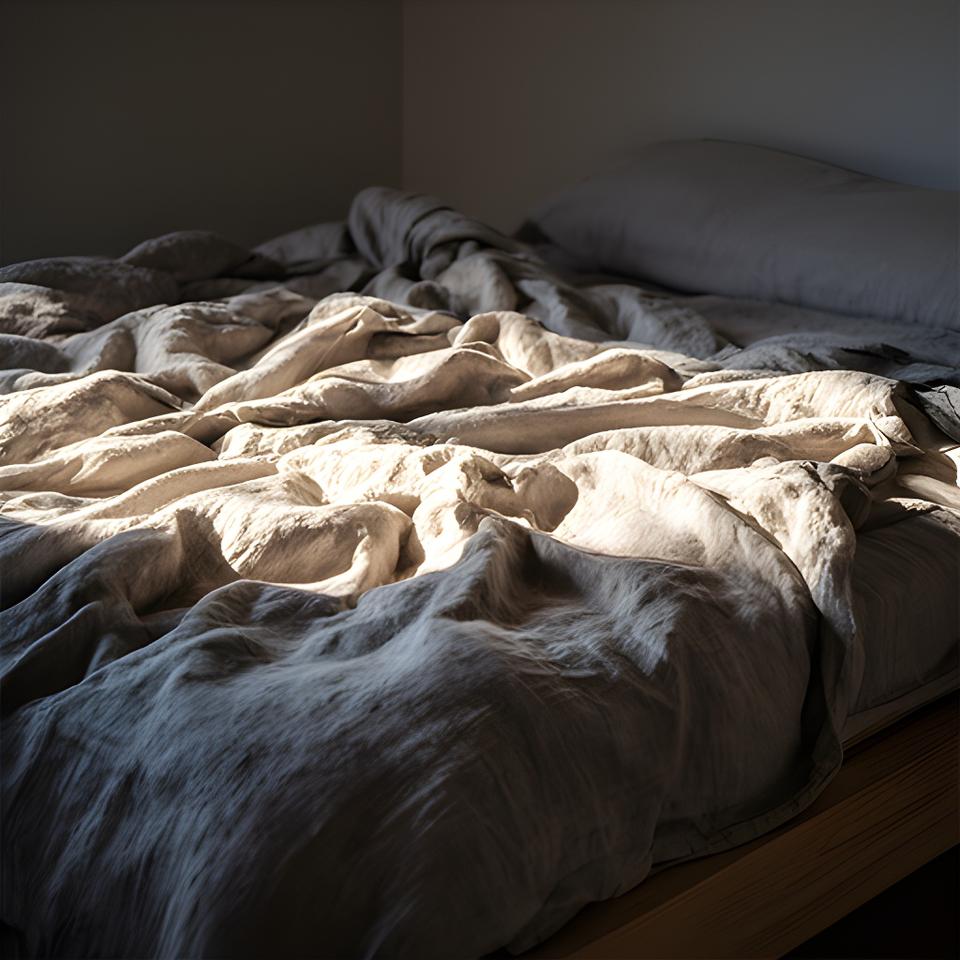 Crumpled natural linen sheets on a shadowed bed with dramatic morning light