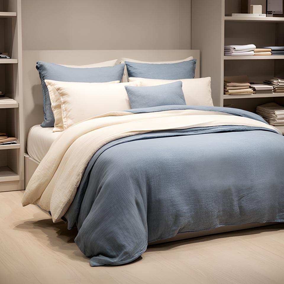 Linen and microfibre duvet covers arranged in muted blue and cream tones on a showroom bed